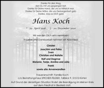 Anzeige von Hans Koch von Kölner Stadt-Anzeiger / Kölnische Rundschau / Express