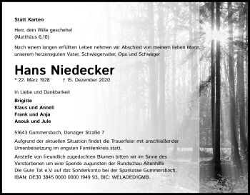 Anzeige von Hans Niedecker von Kölner Stadt-Anzeiger / Kölnische Rundschau / Express