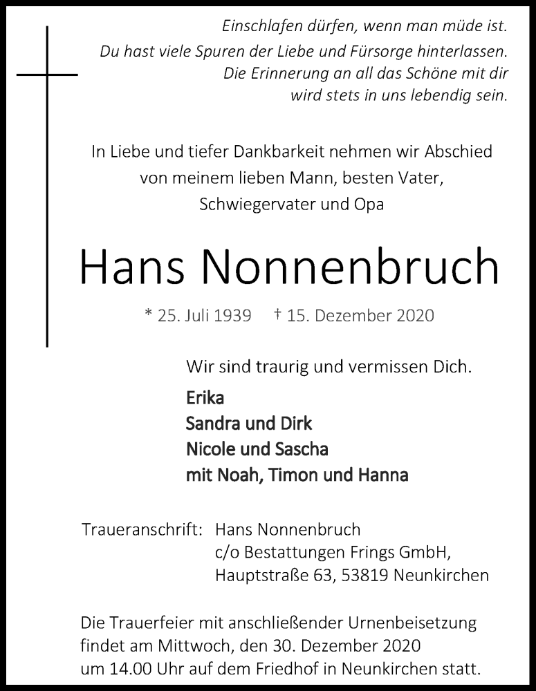  Traueranzeige für Hans Nonnenbruch vom 22.12.2020 aus Kölner Stadt-Anzeiger / Kölnische Rundschau / Express