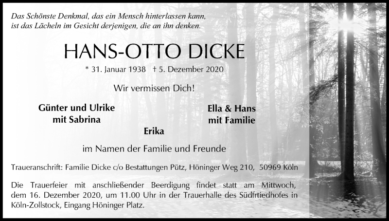  Traueranzeige für Hans-Otto Dicke vom 12.12.2020 aus Kölner Stadt-Anzeiger / Kölnische Rundschau / Express