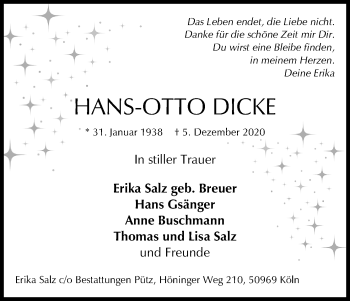 Anzeige von Hans-Otto Dicke von Kölner Stadt-Anzeiger / Kölnische Rundschau / Express