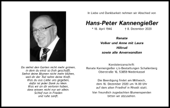 Anzeige von Hans-Peter Kannengießer von Kölner Stadt-Anzeiger / Kölnische Rundschau / Express