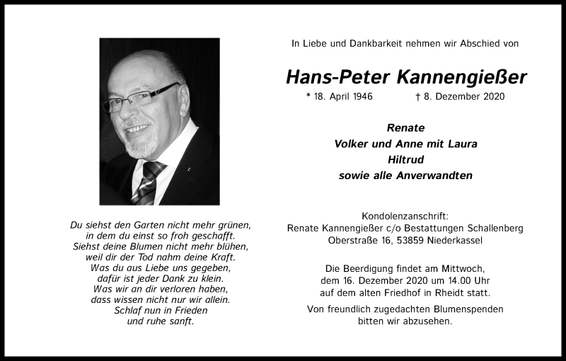  Traueranzeige für Hans-Peter Kannengießer vom 14.12.2020 aus Kölner Stadt-Anzeiger / Kölnische Rundschau / Express