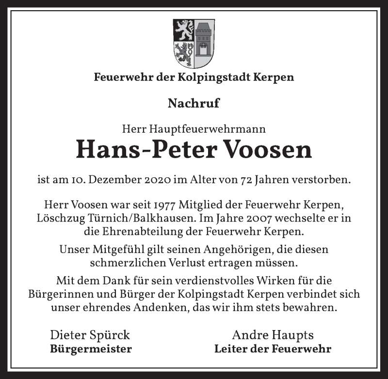  Traueranzeige für Hans-Peter Voosen vom 18.12.2020 aus  Werbepost 