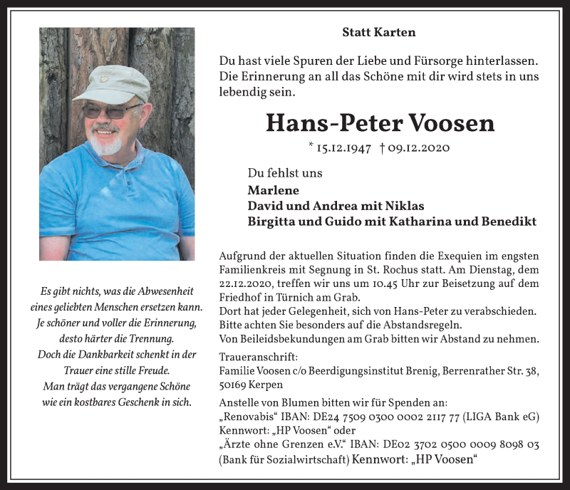  Traueranzeige für Hans-Peter Voosen vom 18.12.2020 aus  Werbepost 