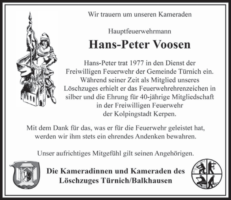  Traueranzeige für Hans-Peter Voosen vom 18.12.2020 aus  Werbepost 