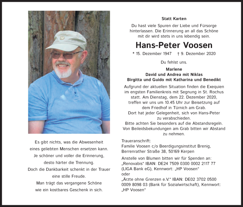  Traueranzeige für Hans-Peter Voosen vom 19.12.2020 aus Kölner Stadt-Anzeiger / Kölnische Rundschau / Express
