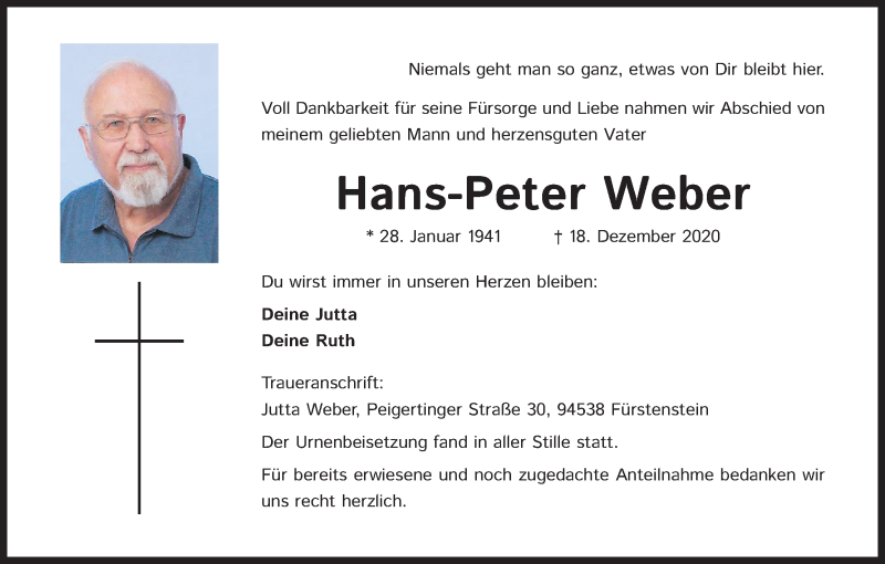  Traueranzeige für Hans-Peter Weber vom 23.12.2020 aus Kölner Stadt-Anzeiger / Kölnische Rundschau / Express
