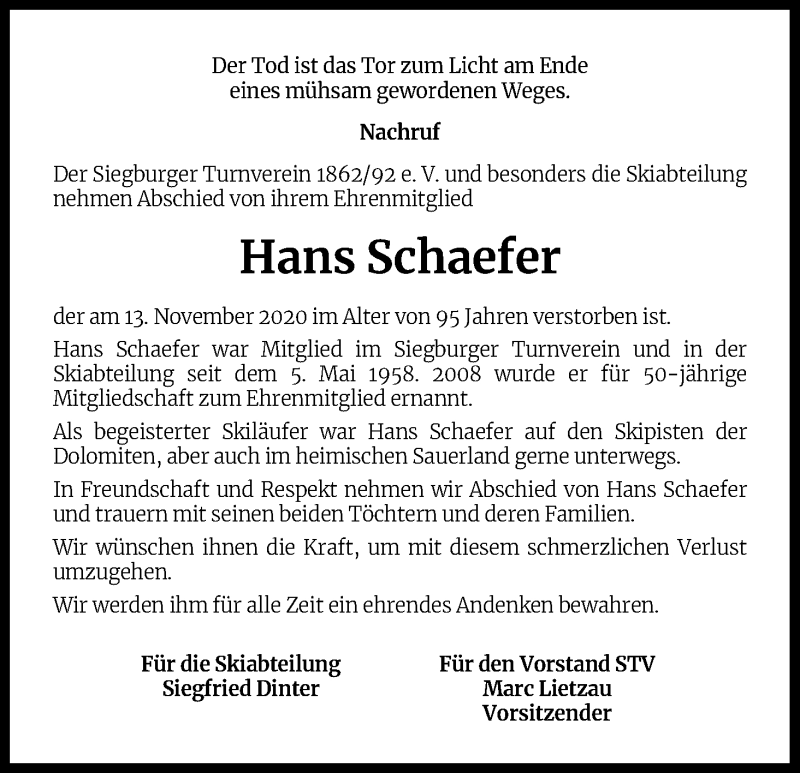  Traueranzeige für Hans Schaefer vom 05.12.2020 aus Kölner Stadt-Anzeiger / Kölnische Rundschau / Express
