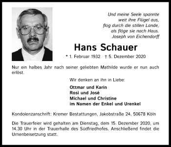 Anzeige von Hans Schauer von Kölner Stadt-Anzeiger / Kölnische Rundschau / Express