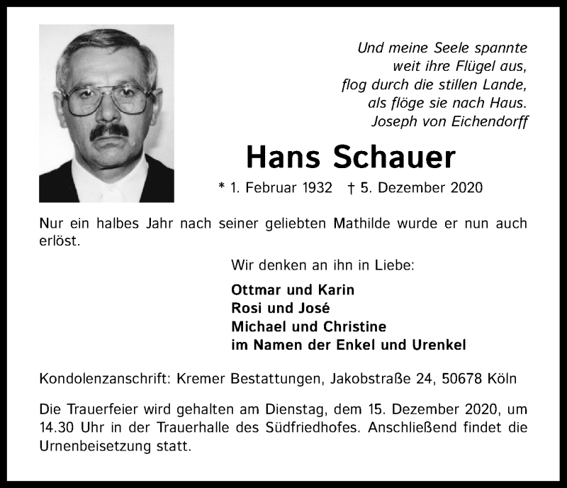  Traueranzeige für Hans Schauer vom 12.12.2020 aus Kölner Stadt-Anzeiger / Kölnische Rundschau / Express