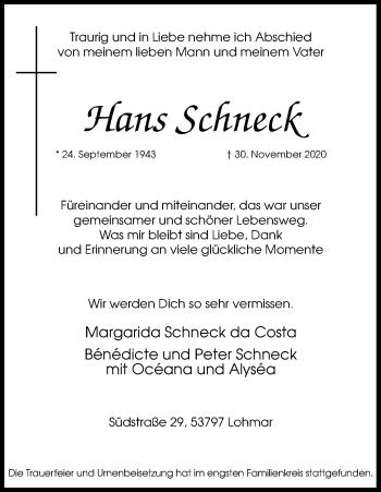 Anzeige von Hans Schneck von Kölner Stadt-Anzeiger / Kölnische Rundschau / Express