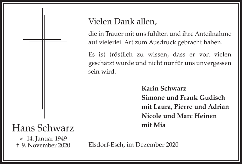  Traueranzeige für Hans Schwarz vom 11.12.2020 aus  Werbepost 