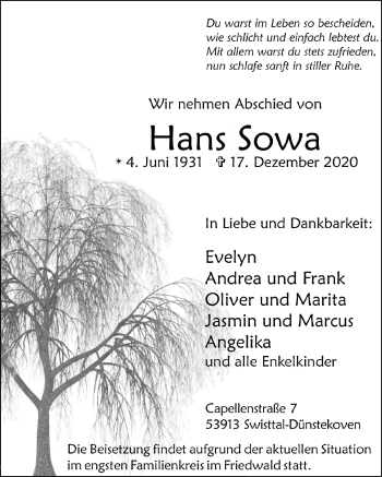 Anzeige von Hans Sowa von  Schaufenster/Blickpunkt 