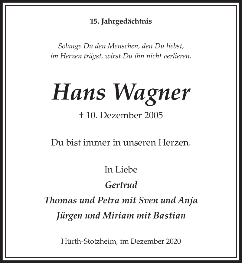  Traueranzeige für Hans Wagner vom 04.12.2020 aus  Wochenende 