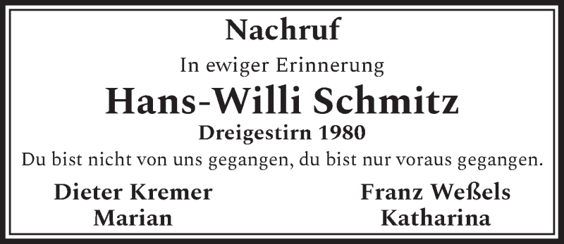  Traueranzeige für Hans-Willi Schmitz vom 11.12.2020 aus  Schlossbote/Werbekurier 