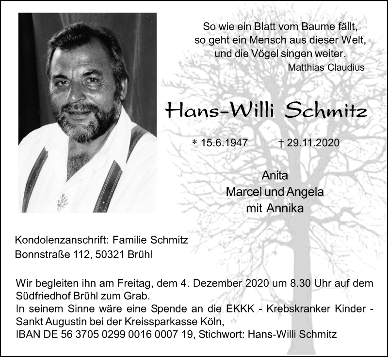  Traueranzeige für Hans-Willi Schmitz vom 02.12.2020 aus Kölner Stadt-Anzeiger / Kölnische Rundschau / Express