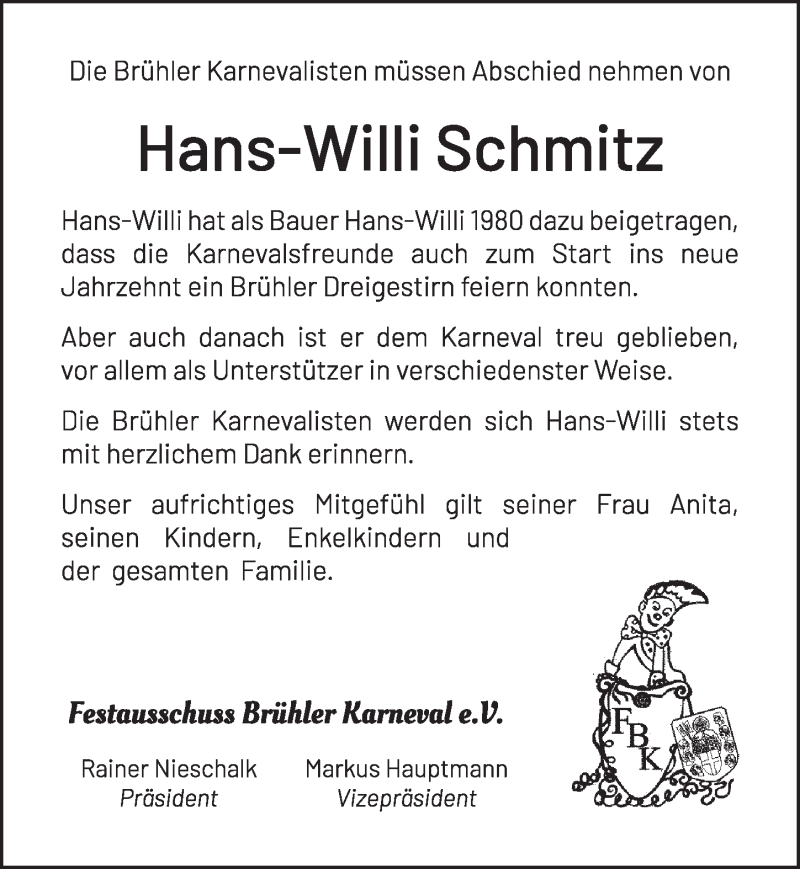  Traueranzeige für Hans-Willi Schmitz vom 11.12.2020 aus  Schlossbote/Werbekurier 