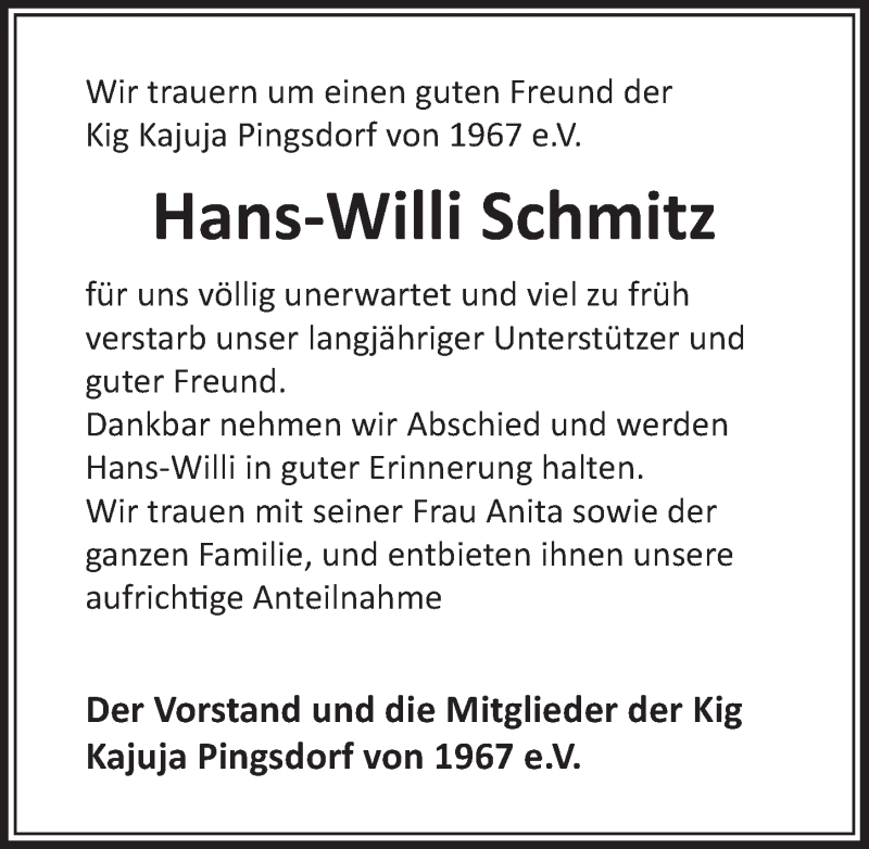  Traueranzeige für Hans-Willi Schmitz vom 04.12.2020 aus  Schlossbote/Werbekurier 
