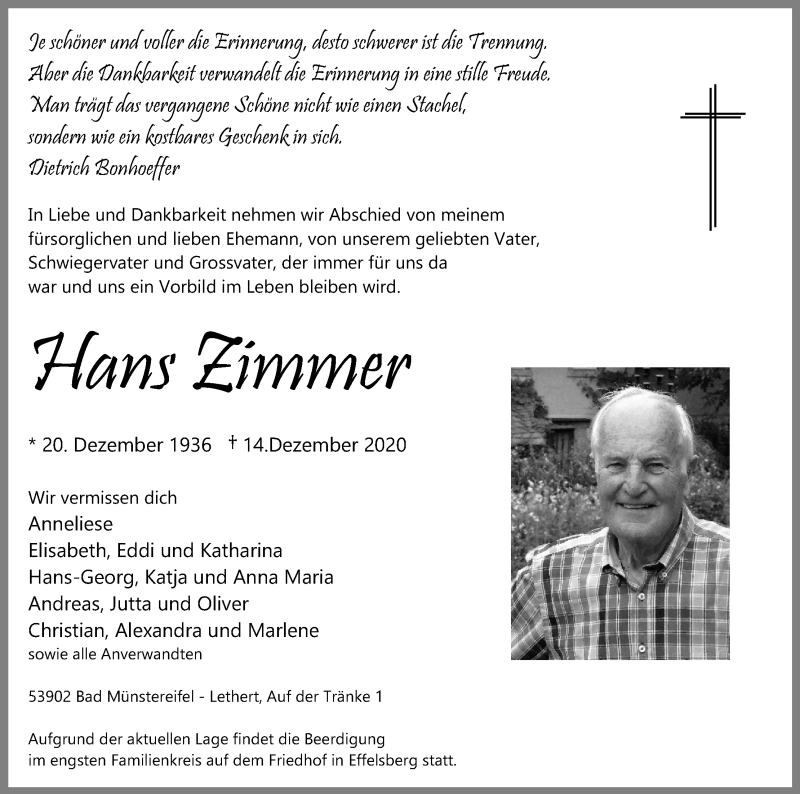  Traueranzeige für Hans Zimmer vom 19.12.2020 aus Kölner Stadt-Anzeiger / Kölnische Rundschau / Express