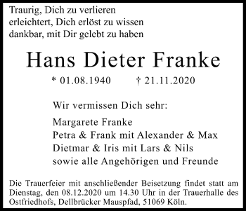 Anzeige von Hans Dieter Franke von Kölner Stadt-Anzeiger / Kölnische Rundschau / Express