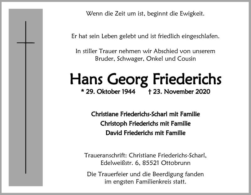  Traueranzeige für Hans Georg Friederichs vom 05.12.2020 aus Kölner Stadt-Anzeiger / Kölnische Rundschau / Express