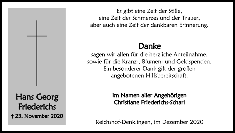  Traueranzeige für Hans Georg Friedrichs vom 31.12.2020 aus Kölner Stadt-Anzeiger / Kölnische Rundschau / Express