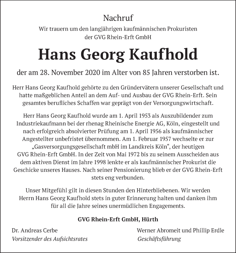  Traueranzeige für Hans Georg Kaufhold vom 12.12.2020 aus  Blickpunkt Euskirchen 