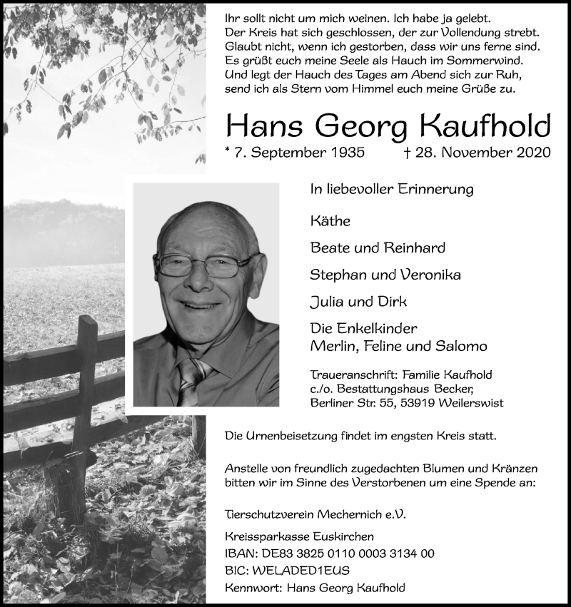  Traueranzeige für Hans Georg Kaufhold vom 05.12.2020 aus Kölner Stadt-Anzeiger / Kölnische Rundschau / Express
