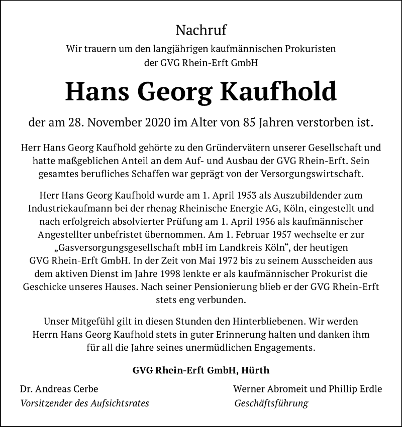  Traueranzeige für Hans Georg Kaufhold vom 12.12.2020 aus Kölner Stadt-Anzeiger / Kölnische Rundschau / Express