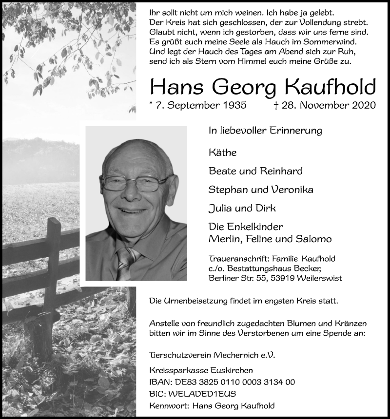  Traueranzeige für Hans Georg Kaufhold vom 05.12.2020 aus  Blickpunkt Euskirchen 