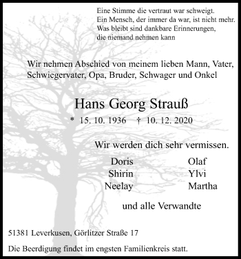 Anzeige von Hans Georg Strauß von Kölner Stadt-Anzeiger / Kölnische Rundschau / Express