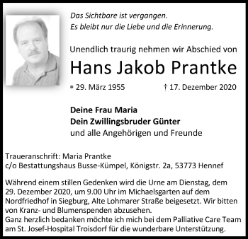 Anzeige von Hans Jakob Prantke von Kölner Stadt-Anzeiger / Kölnische Rundschau / Express