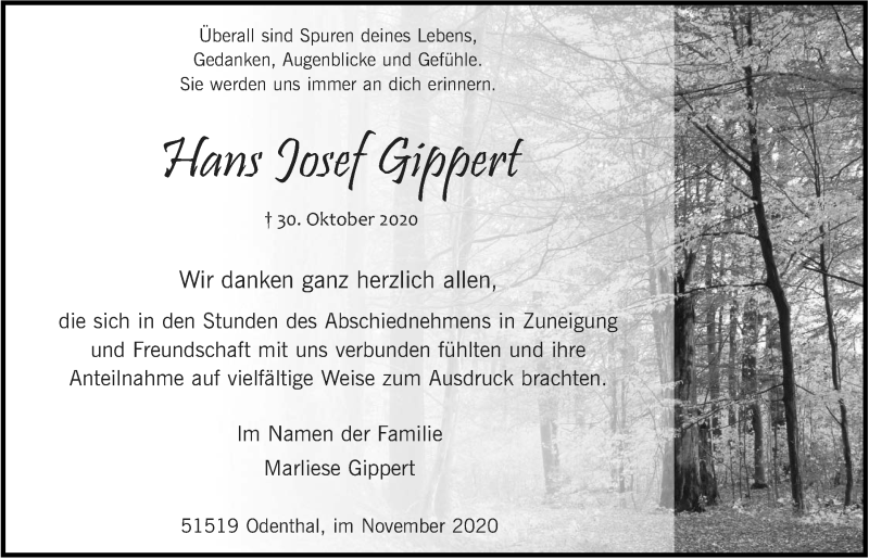  Traueranzeige für Hans Josef Gippert vom 04.12.2020 aus  Bergisches Handelsblatt 
