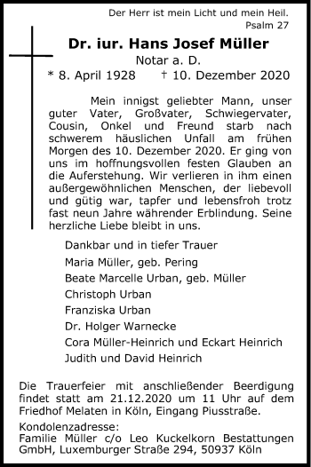 Anzeige von Hans Josef Müller von Kölner Stadt-Anzeiger / Kölnische Rundschau / Express