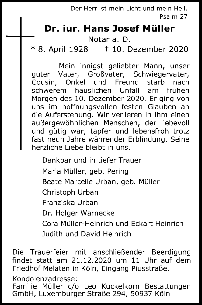  Traueranzeige für Hans Josef Müller vom 19.12.2020 aus Kölner Stadt-Anzeiger / Kölnische Rundschau / Express