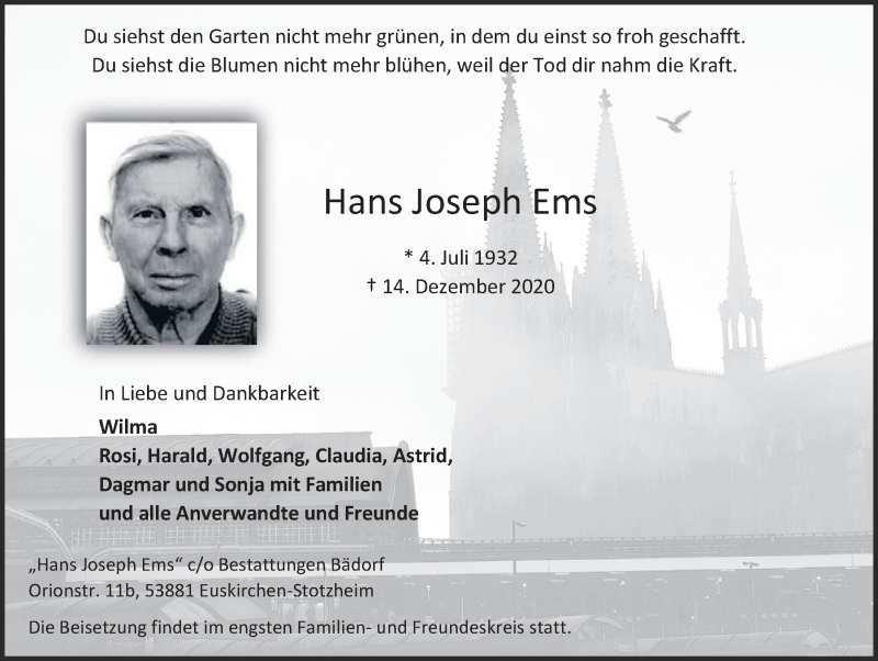  Traueranzeige für Hans Joseph Ems vom 19.12.2020 aus  Blickpunkt Euskirchen 