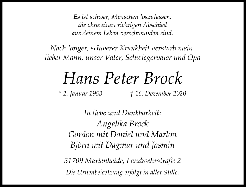  Traueranzeige für Hans Peter Brock vom 28.12.2020 aus  Anzeigen Echo 