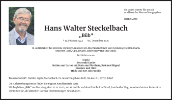 Anzeige von Hans Walter Steckelbach von Kölner Stadt-Anzeiger / Kölnische Rundschau / Express