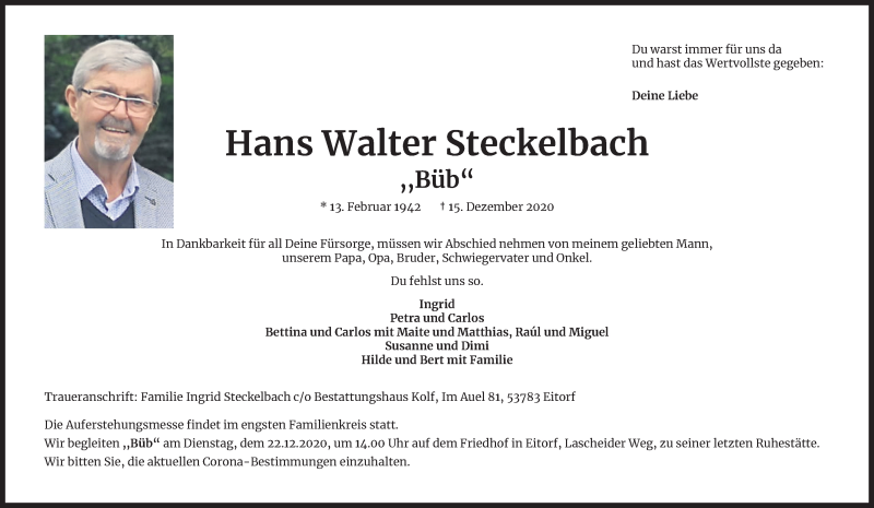  Traueranzeige für Hans Walter Steckelbach vom 19.12.2020 aus Kölner Stadt-Anzeiger / Kölnische Rundschau / Express