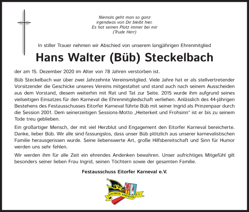  Traueranzeige für Hans Walter Steckelbach vom 30.12.2020 aus Kölner Stadt-Anzeiger / Kölnische Rundschau / Express