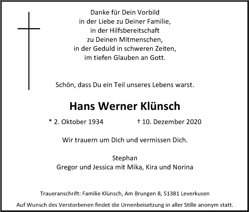  Traueranzeige für Hans Werner Klünsch vom 15.12.2020 aus Kölner Stadt-Anzeiger / Kölnische Rundschau / Express