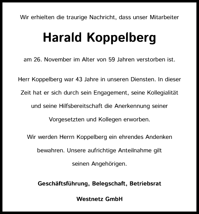  Traueranzeige für Harald Koppelberg vom 05.12.2020 aus Kölner Stadt-Anzeiger / Kölnische Rundschau / Express