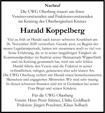 Anzeige von Harald Koppelberg von Kölner Stadt-Anzeiger / Kölnische Rundschau / Express