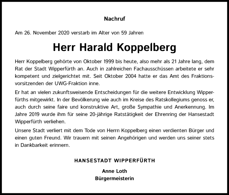  Traueranzeige für Harald Koppelberg vom 05.12.2020 aus Kölner Stadt-Anzeiger / Kölnische Rundschau / Express