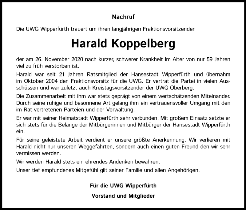 Traueranzeige für Harald Koppelberg vom 05.12.2020 aus Kölner Stadt-Anzeiger / Kölnische Rundschau / Express
