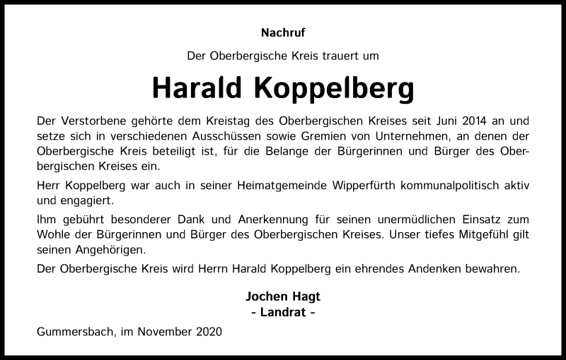  Traueranzeige für Harald Koppelberg vom 08.12.2020 aus Kölner Stadt-Anzeiger / Kölnische Rundschau / Express