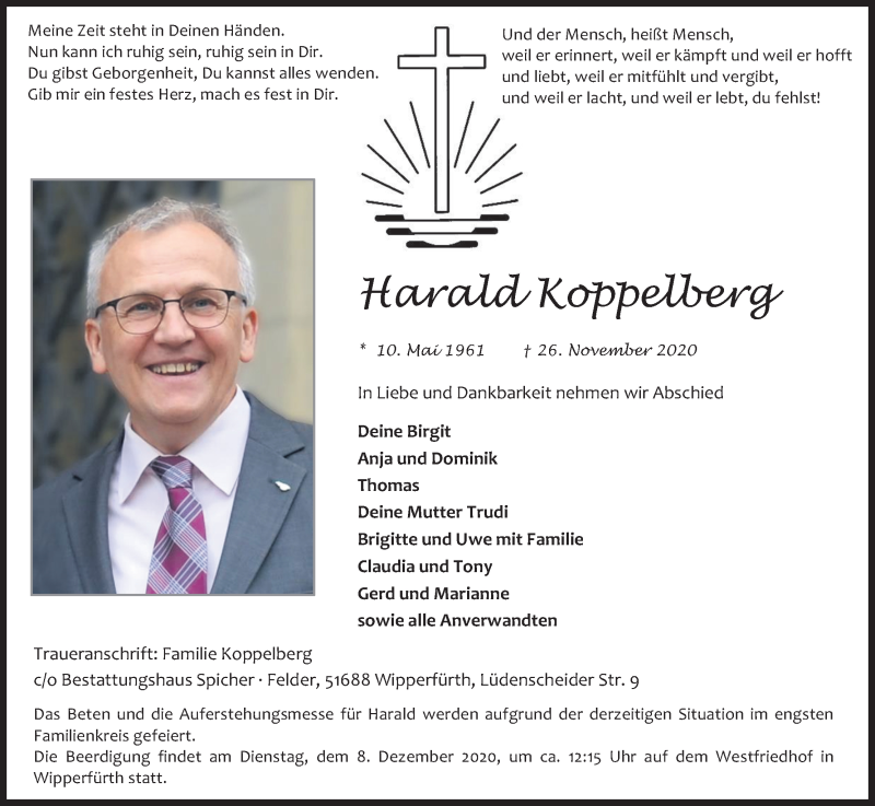  Traueranzeige für Harald Koppelberg vom 05.12.2020 aus Kölner Stadt-Anzeiger / Kölnische Rundschau / Express