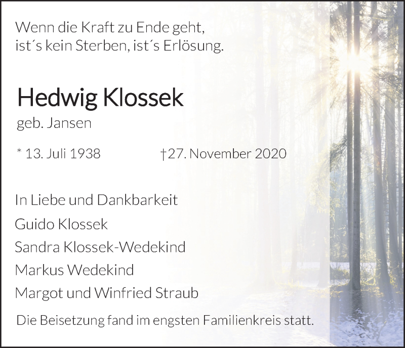  Traueranzeige für Hedwig Klossek vom 12.12.2020 aus Kölner Stadt-Anzeiger / Kölnische Rundschau / Express