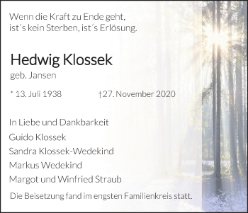 Anzeige von Hedwig Klossek von Kölner Stadt-Anzeiger / Kölnische Rundschau / Express